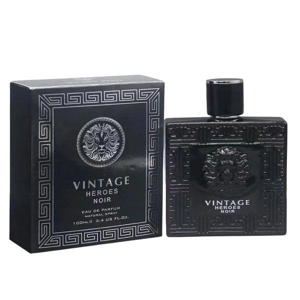 Vintage Heroes Noir Eau De Parfum 100ml black bottle by Secret Plus shown next to its matching silver and black designer presentation box.