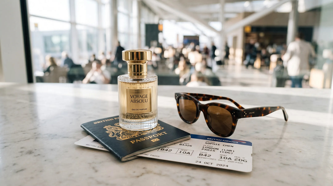 Travel-size perfume bottle beside a passport and boarding pass ready for a fligh