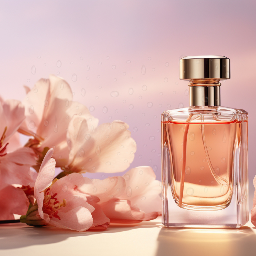 Luxury floral perfume bottle with pink fragrance oil and blooming flowers, elegant background