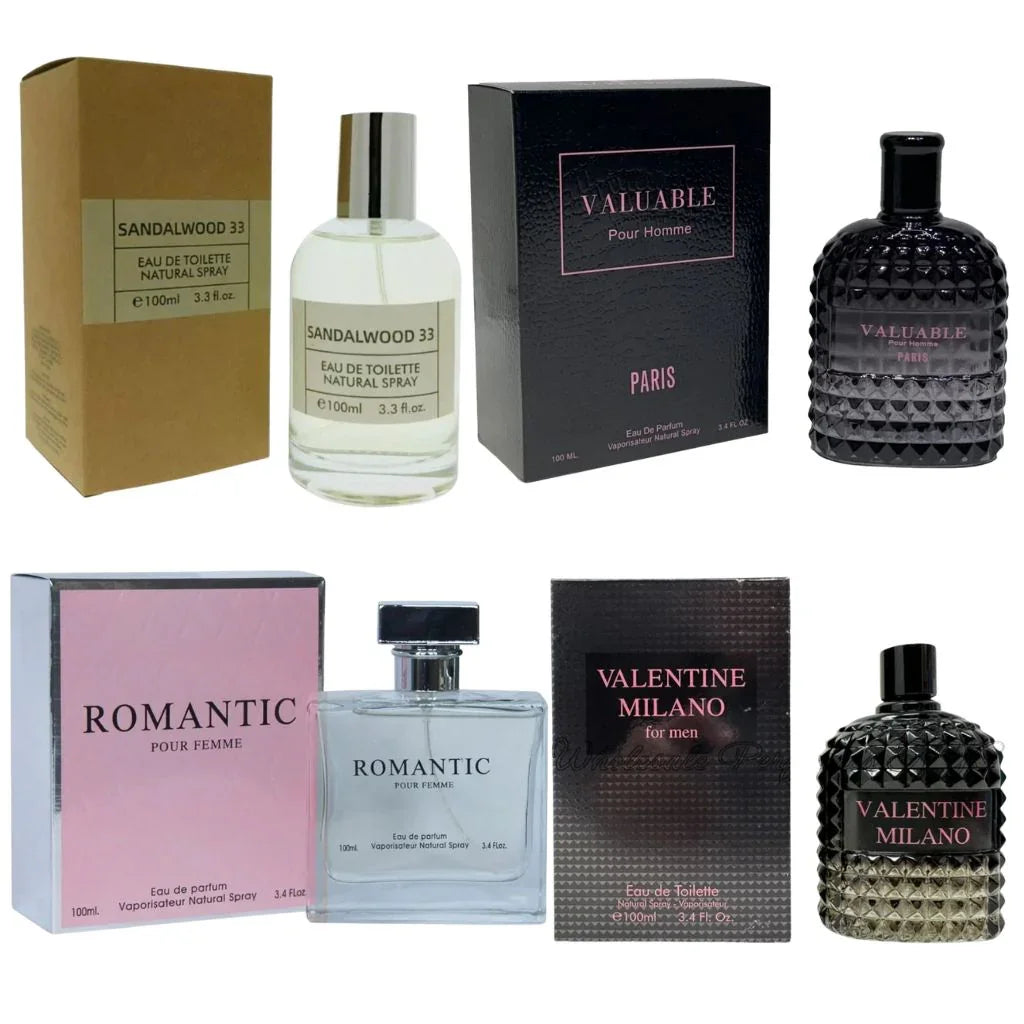 Assorted luxury perfume bottles and boxes, including sandalwood, romantic, and masculine scents