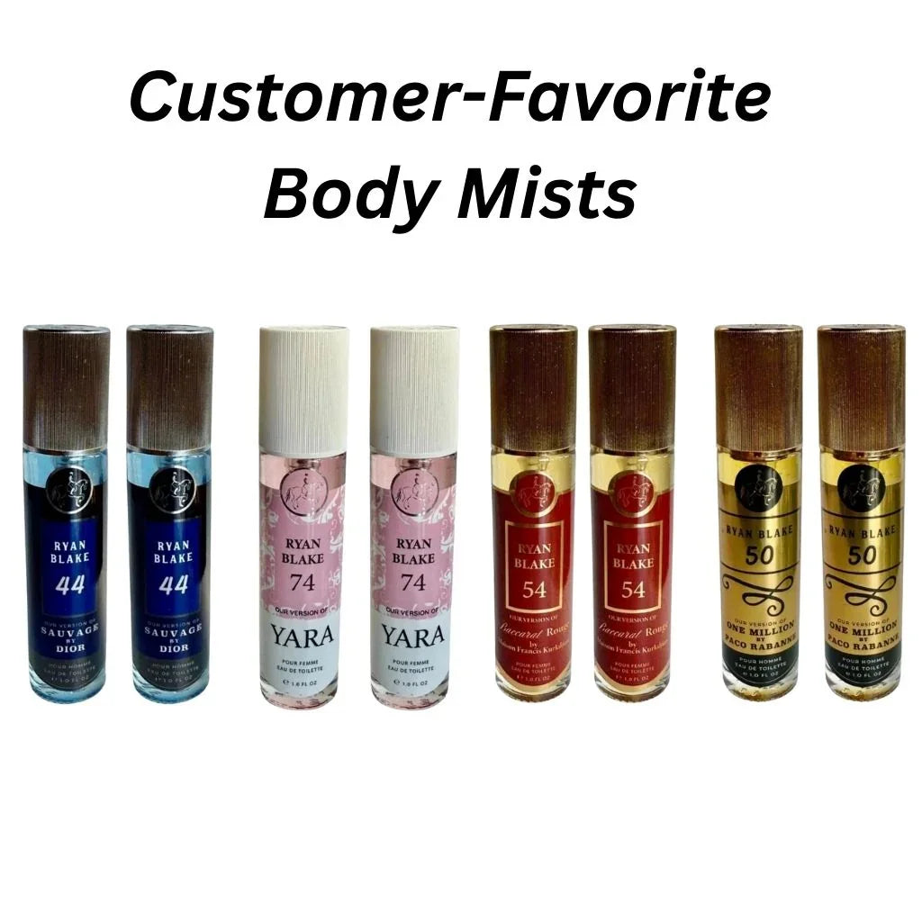 Six Ryan Blake body mist bottles in various colors, labeled as customer favorites, on white background.