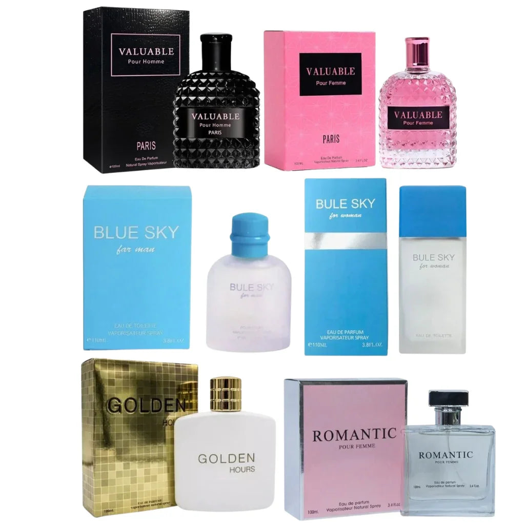 Assorted men's and women's fragrance bottles and boxes, including Valuable, Blue Sky, Golden Hours, and Romantic premium perfumes.