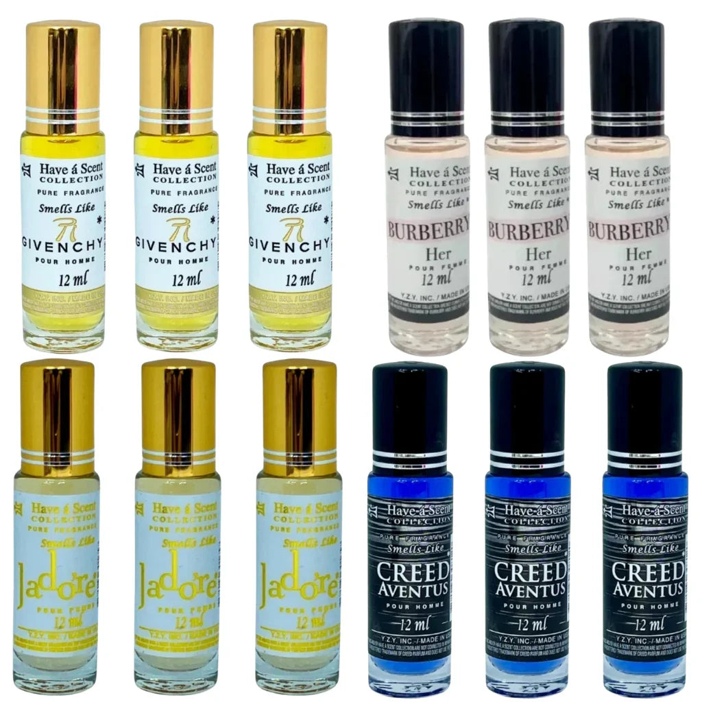 Assorted 12ml perfume oil bottles inspired by designer fragrances, arranged in rows.