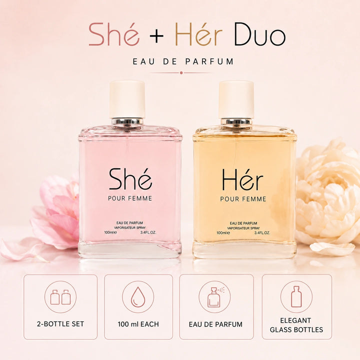Shé &amp; Hér Pour Femme 2 Piece Perfume Set for Women, Eau de Parfum Spray, 100ml / 3.4 Fl Oz Each