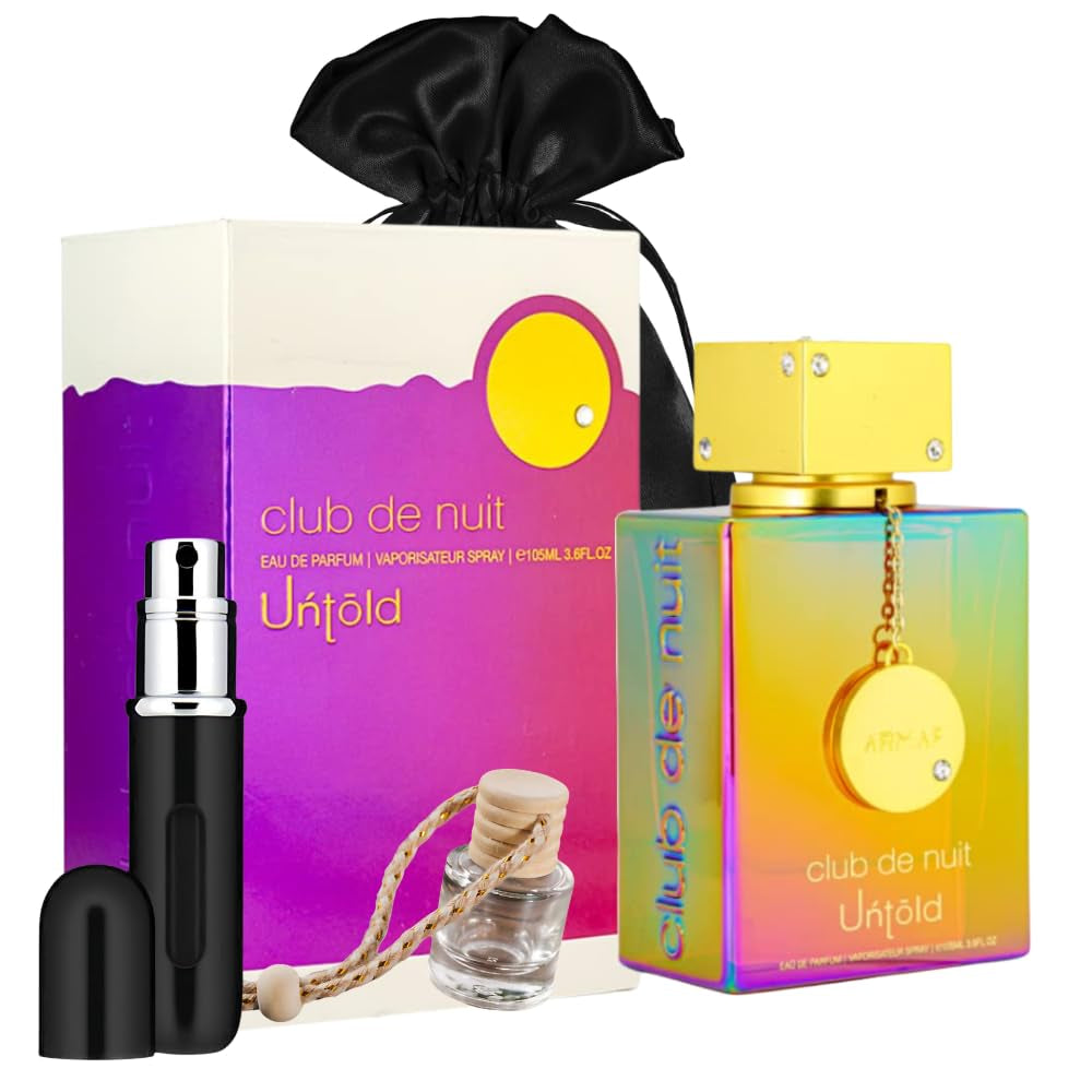 Bundle of  Club Nuit Untold Eau De Parfum Spray for Men 3.6Oz with 5Ml Portable Refillable Atomizer and Refillable Car Freshener in a Satin Gift Bag