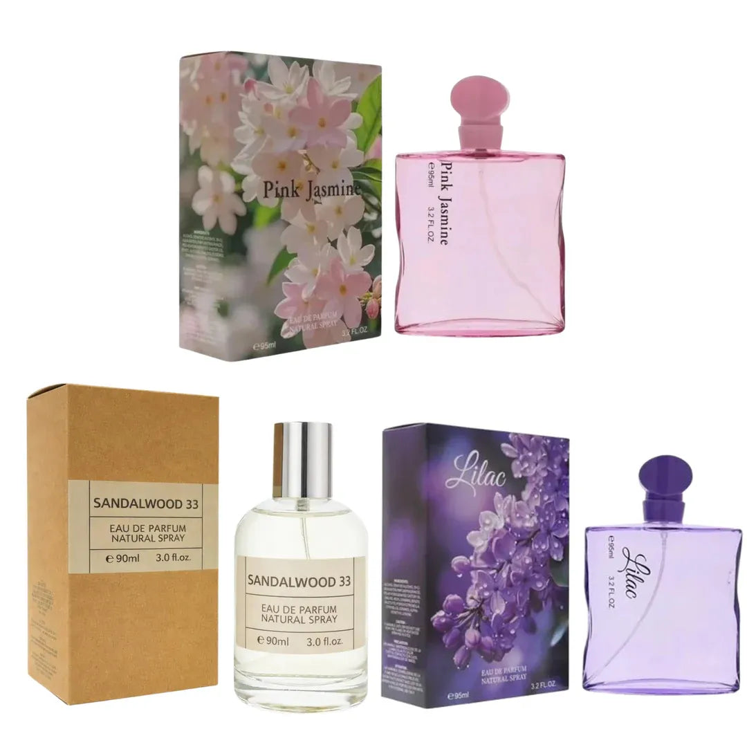 Women’s Perfume Gift Set – 3 Pack Eau de Parfum (3.0–3.2 oz Each) – Long Lasting Floral &amp; Fresh Fragrance Collection for Her – Includes Pink Jasmine, Sandalwood 33 &amp; Lilac