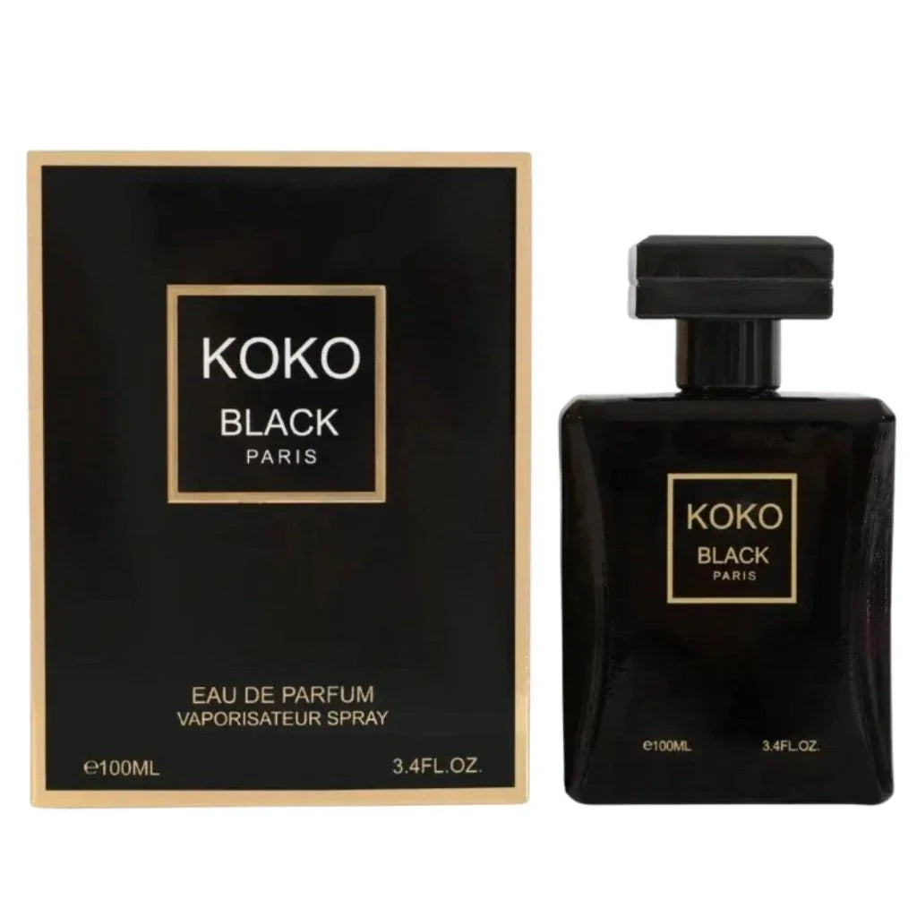 Koko Black 100ml Eau de Parfum in a sleek black rectangular bottle with gold text next to its matching black and gold retail box.