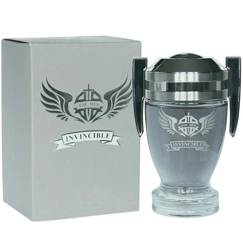 Invincible for Men Eau De Parfum 100ml silver trophy bottle by Secret Plus displayed next to its original factory-sealed silver presentation box.
