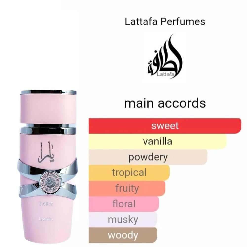 Bundle of Lattafa Yara 3.4Oz Eau De Parfum for Women with 5Ml Portable Refillable Atomizer and Refillable Car Freshener in an Elegant Satin Gift Bag