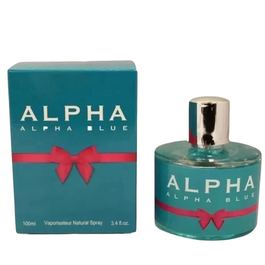 Alpha Blue 100ml Eau de Parfum in a teal-blue circular glass bottle with a red bow accent next to its matching retail box.