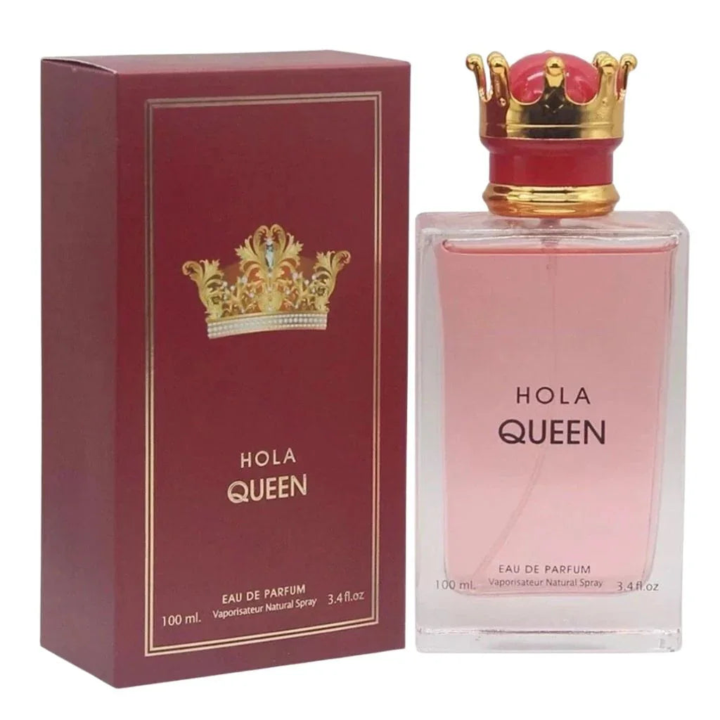Hola Queen 100ml Eau de Parfum in a clear glass bottle with a gold crown cap next to its burgundy and gold retail box.