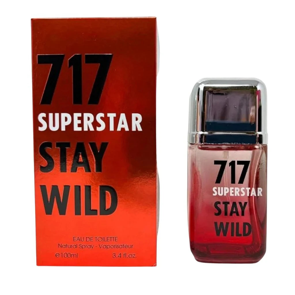 717 Superstar Stay Wild for Men in a 100ml red bottle with a silver cap next to its matching red and black retail box.