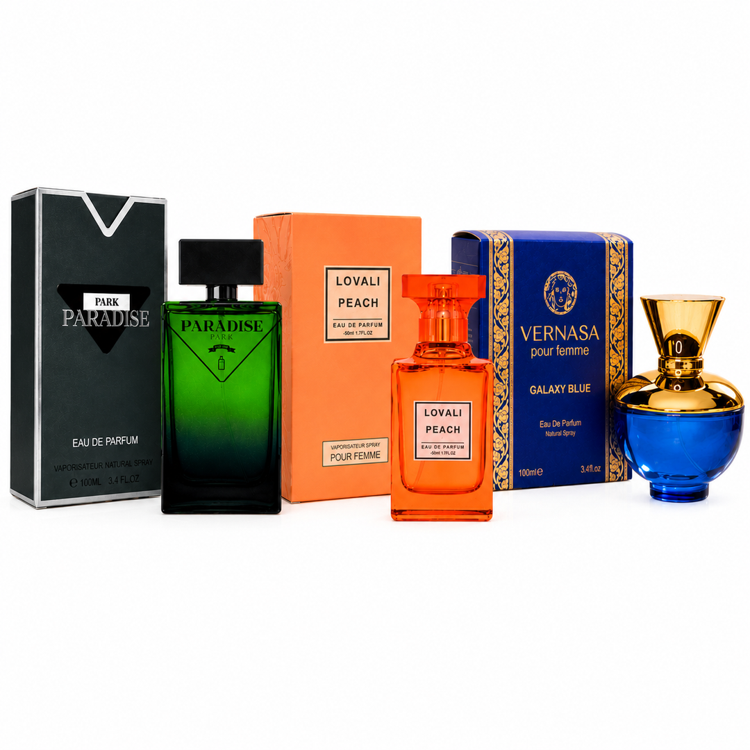 Luxury Unisex Perfume Gift Set – Paradise Park, Lovali Peach &amp; Vernasa Galaxy Blue Eau de Parfum 3-Pack, Long Lasting Floral Fruity Fresh Fragrance Collection for Women &amp; Men, Premium Perfume Gift Set