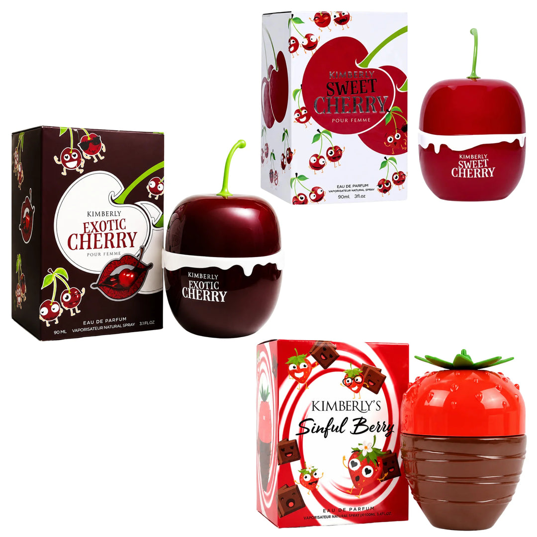 Kimberly’s Cherry Indulgence Trio Perfume Gift Set for Women – Exotic Cherry, Sweet Cherry &amp; Sinful Berry Eau de Parfum Collection, Long Lasting Fruity Gourmand Fragrance Bundle, 3 Piece Perfume Gift Set