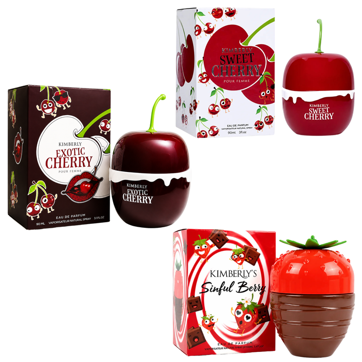 Kimberly’s Cherry Indulgence Trio Perfume Gift Set for Women – Exotic Cherry, Sweet Cherry &amp; Sinful Berry Eau de Parfum Collection, Long Lasting Fruity Gourmand Fragrance Bundle, 3 Piece Perfume Gift Set