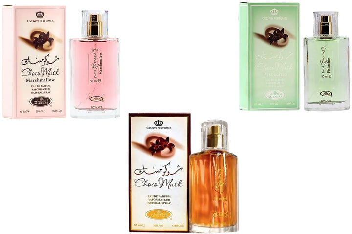 Choco Musk 3-Piece Fragrance Set featuring pink, green, and amber 50ml bottles with Arabic and English labeling.