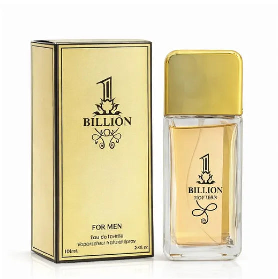 1 Billion Eau de Parfum 3.4 oz clear glass bottle showing golden juice with a gold cap, standing next to its matching luxury metallic gold presentation box.