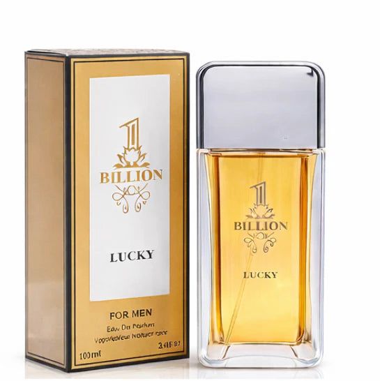 1 Billion Lucky Eau de Parfum 100 ml men's cologne spray bottle shown next to its gold and white retail packaging.
