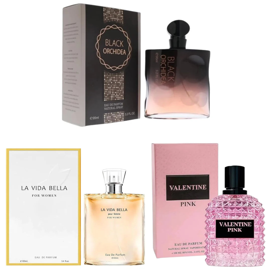 Perfumes for Women – 3 Pack Eau de Parfum Set – Black Orchidea + La Vida Bella + Valentine Pink – Long-Lasting Feminine Scents – 3.2 oz / 3.4 oz Each