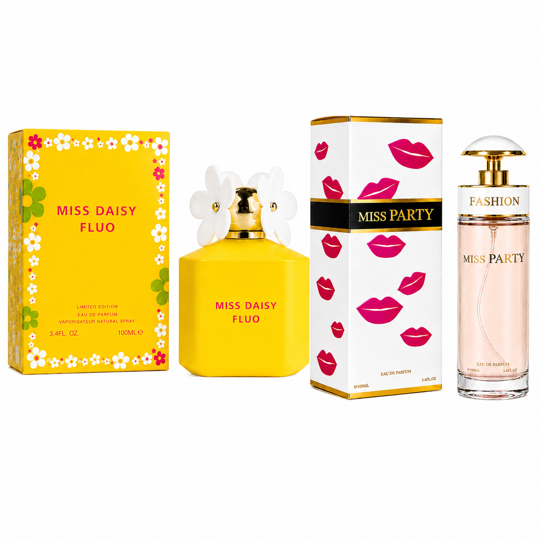 Miss Daisy Fluo &amp; Miss Party Perfume Gift Set for Women – 2 Pack Eau de Parfum Collection 3.4 Fl Oz (100ml Each) – Long Lasting Floral Fruity Sweet Fragrance Spray for Women, Luxury Gift Set for Her