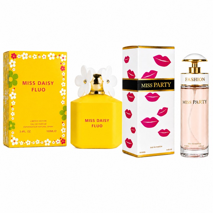 Miss Daisy Fluo &amp; Miss Party Perfume Gift Set for Women – 2 Pack Eau de Parfum Collection 3.4 Fl Oz (100ml Each) – Long Lasting Floral Fruity Sweet Fragrance Spray for Women, Luxury Gift Set for Her