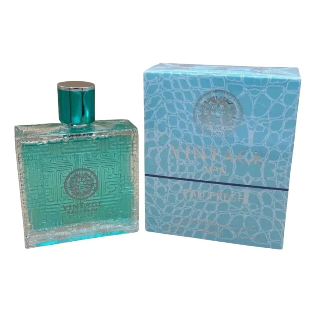 Vintage Man Eau Fresh Eau De Parfum 100ml turquoise bottle by Secret Plus displayed next to its premium patterned designer box.
