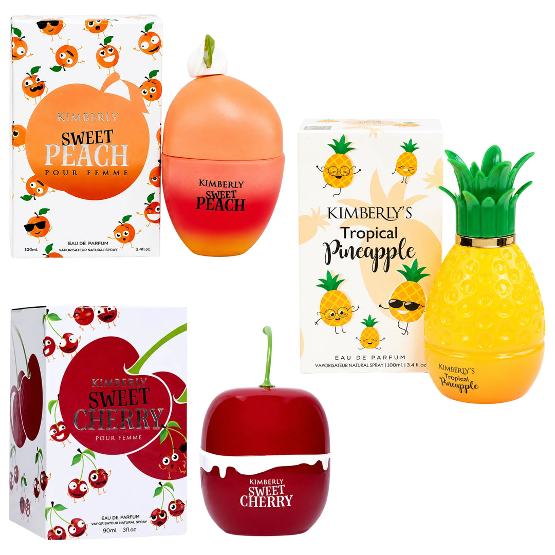 Kimberly’s Tropical Paradise Trio Perfume Gift Set for Women – Sweet Peach, Tropical Pineapple &amp; Sweet Cherry Eau de Parfum Collection, Long Lasting Fruity Floral Fragrance Bundle, 3 Piece Perfume Gift Set