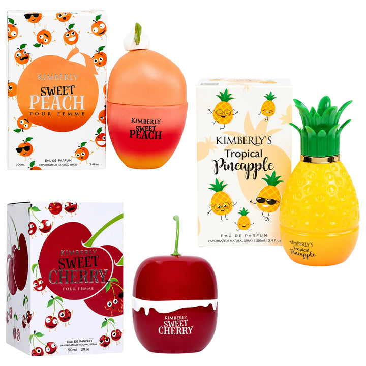 Kimberly’s Tropical Paradise Trio Perfume Gift Set for Women – Sweet Peach, Tropical Pineapple &amp; Sweet Cherry Eau de Parfum Collection, Long Lasting Fruity Floral Fragrance Bundle, 3 Piece Perfume Gift Set