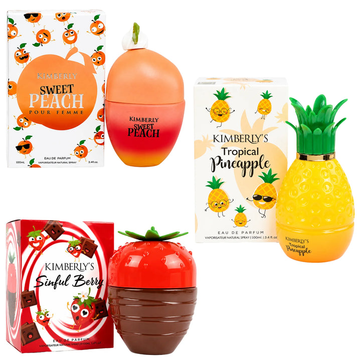 Kimberly’s Fruity Favorites Trio Perfume Gift Set for Women – Sweet Peach, Tropical Pineapple &amp; Sinful Berry Eau de Parfum Collection, Long Lasting Fruity Gourmand Fragrance Bundle, 3 Piece Perfume Set