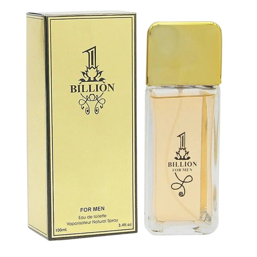 Billion for Men eau de toilette perfume bottle and box with gold cap and packaging