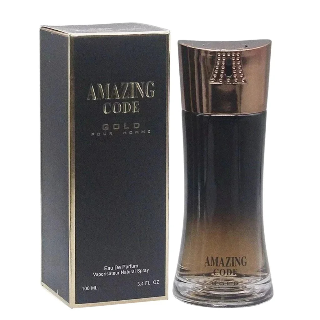 Amazing Code Gold Eau De Parfum 100ml curved dark bottle by Secret Plus displayed next to its premium gold-accented black presentation box.