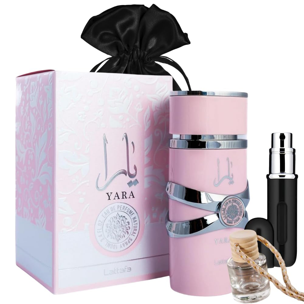 Bundle of Lattafa Yara 3.4Oz Eau De Parfum for Women with 5Ml Portable Refillable Atomizer and Refillable Car Freshener in an Elegant Satin Gift Bag