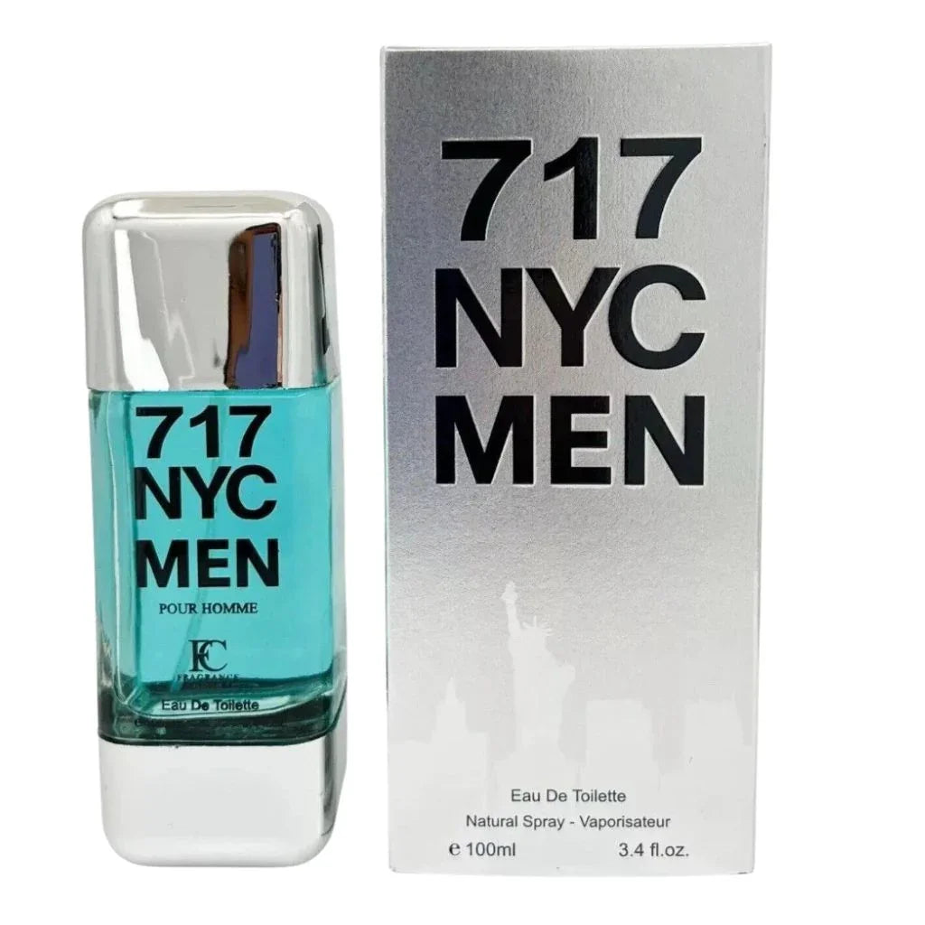 717 NYC Men Eau de Toilette 3.4 fl oz teal-blue bottle displayed next to its metallic silver city skyline presentation box.
