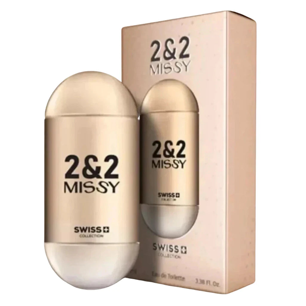 2 & 2 Missy by Swiss Collection 100ml Eau de Toilette in a gold capsule-shaped bottle next to its premium gold-toned box.