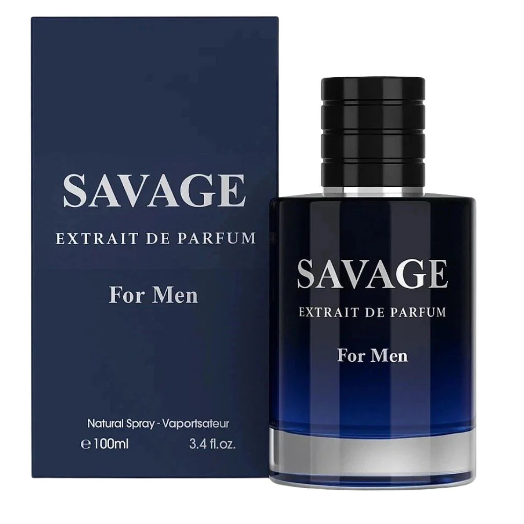 Savage Extrait de Parfum for Men in a 100ml midnight blue bottle next to its matching navy blue retail box.