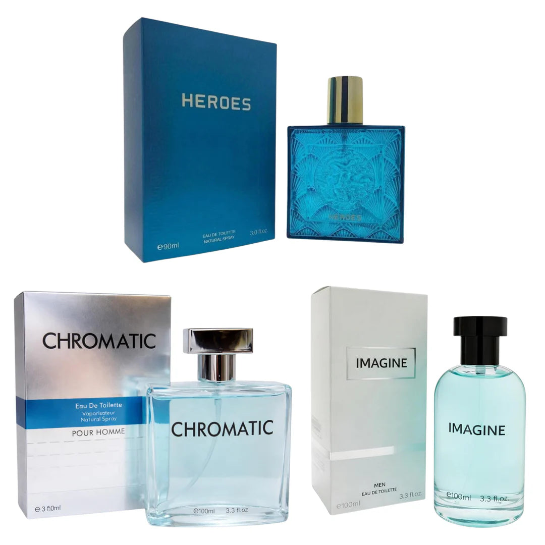 Men’s Cologne Gift Set 3 Pack Eau de Toilette 90–100ml Each – Heroes, Chromatic &amp; Imagine – Long Lasting Fresh Aquatic Citrus Fragrance Set for Men – Everyday Cologne Gift Set for Him