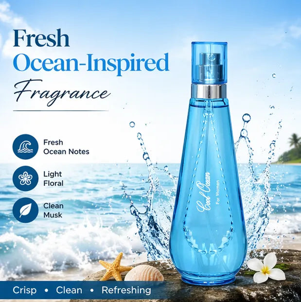 Cool Ocean Eau de Toilette for Women 100ml (3.4 oz) – Fresh Aquatic Floral Perfume – Long Lasting Clean Ocean Breeze Fragrance Spray – Everyday Light Summer Scent
