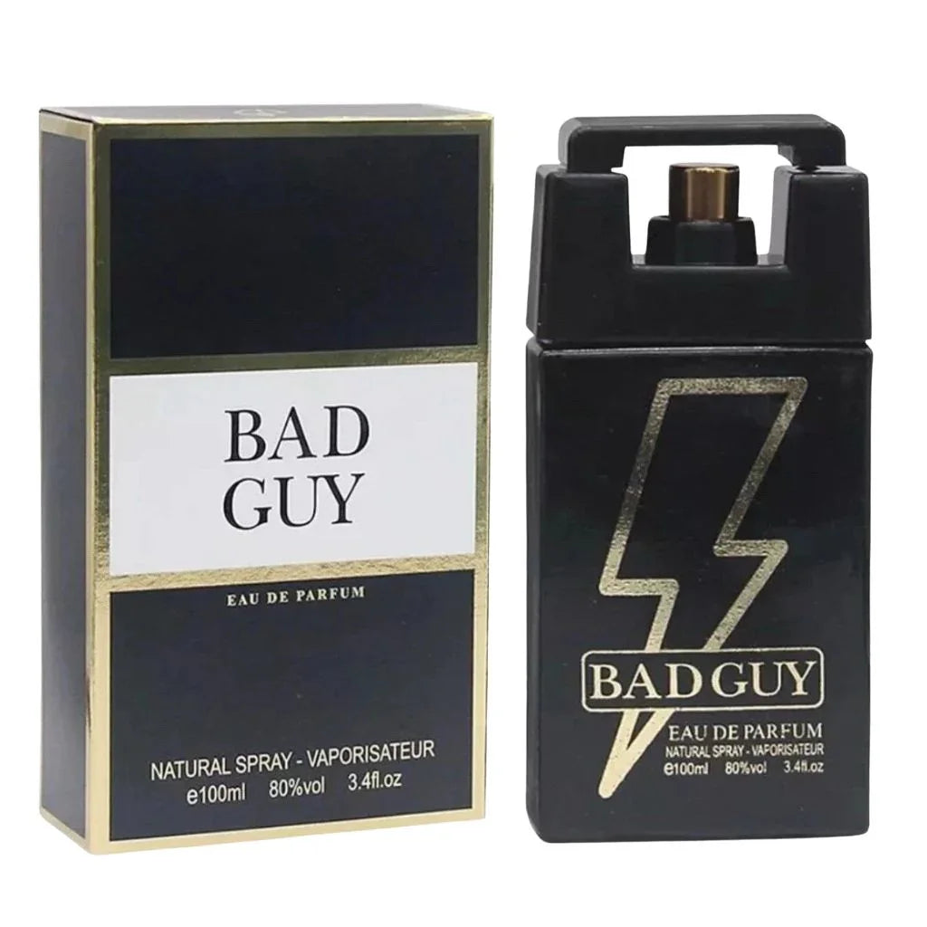 Bad Guy Eau de Parfum black perfume bottle and box with gold lightning bolt design