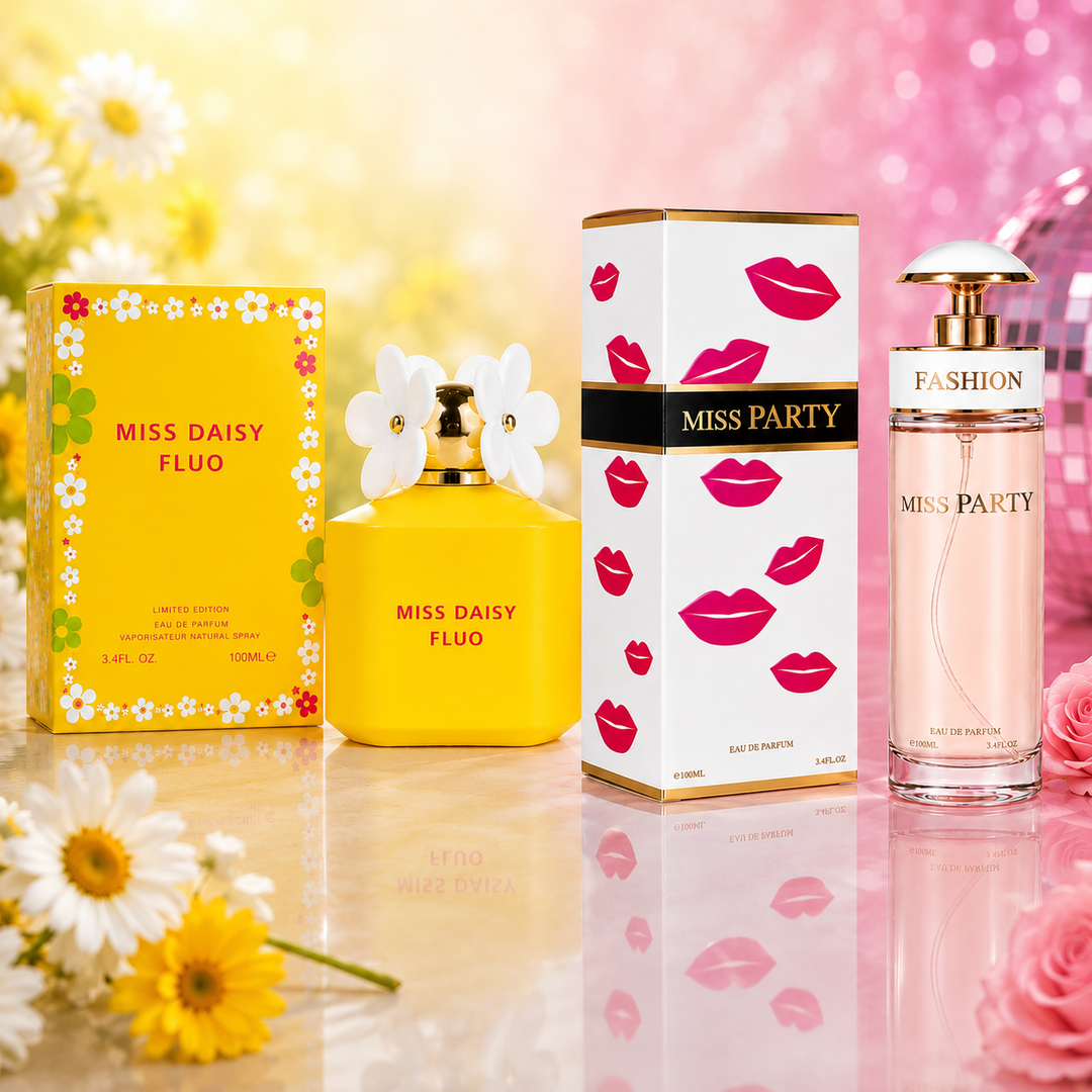 Miss Daisy Fluo &amp; Miss Party Perfume Gift Set for Women – 2 Pack Eau de Parfum Collection 3.4 Fl Oz (100ml Each) – Long Lasting Floral Fruity Sweet Fragrance Spray for Women, Luxury Gift Set for Her