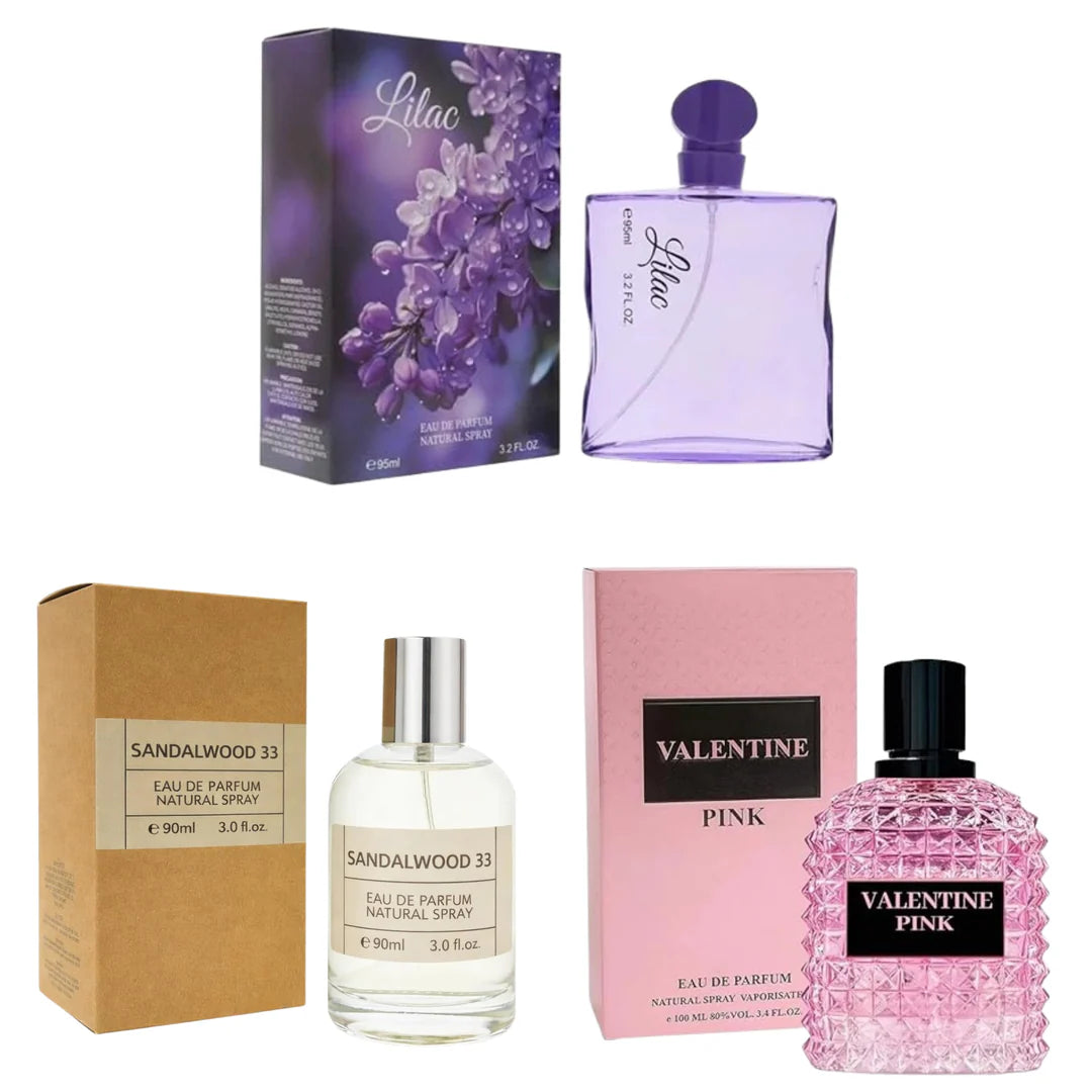 Perfume for Women 3 Pack - Lilac + Sandalwood 33 + Valentine Pink – Eau de Parfum Set - Long Lasting Floral Woody Fragrance Gift Set for Women