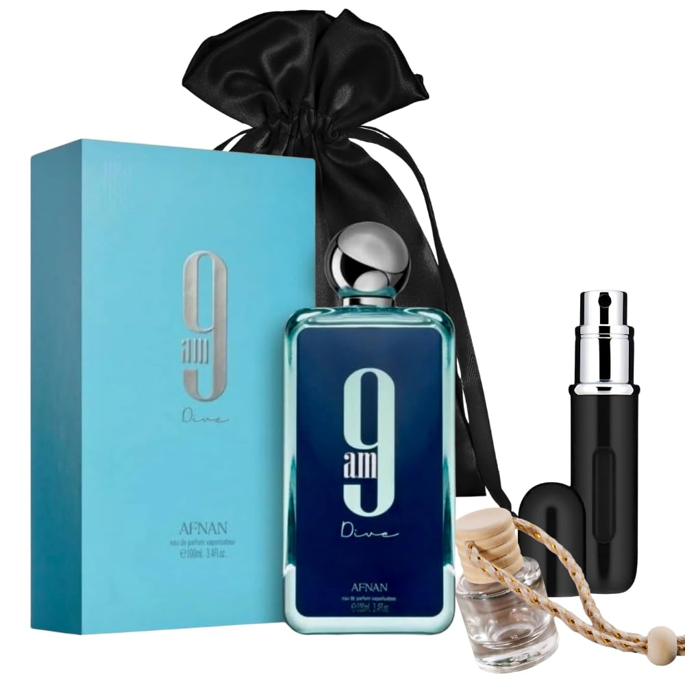 Bundle of  9 AM Dive Unisex Eau De Parfum 100Ml with 5Ml Portable Refillable Atomizer and Refillable Car Freshener in a Satin Gift Bag