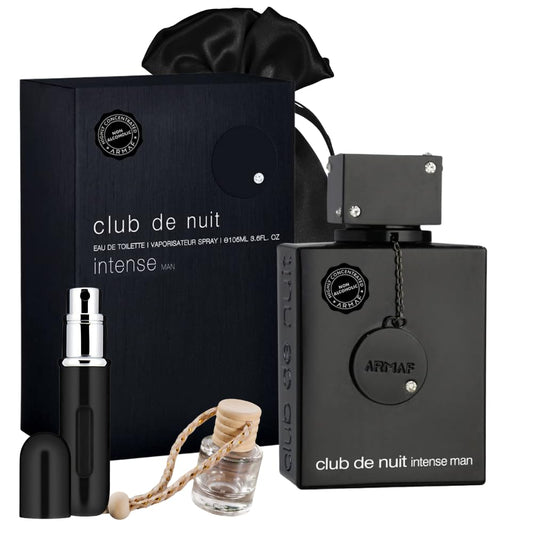 Bundle of  Club De Nuit Intense Man 3.6Oz Eau De Toilette with 5Ml Portable Refillable Atomizer and Refillable Car Freshener in a Satin Gift Bag