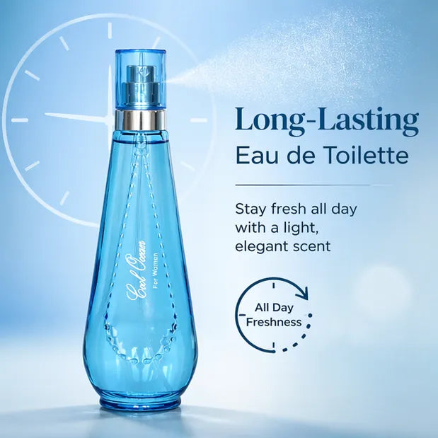 Cool Ocean Eau de Toilette for Women 100ml (3.4 oz) – Fresh Aquatic Floral Perfume – Long Lasting Clean Ocean Breeze Fragrance Spray – Everyday Light Summer Scent