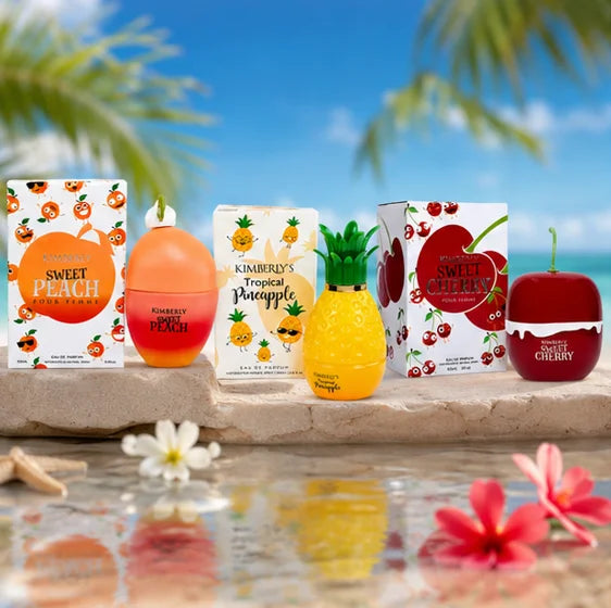 Kimberly’s Tropical Paradise Trio Perfume Gift Set for Women – Sweet Peach, Tropical Pineapple &amp; Sweet Cherry Eau de Parfum Collection, Long Lasting Fruity Floral Fragrance Bundle, 3 Piece Perfume Gift Set
