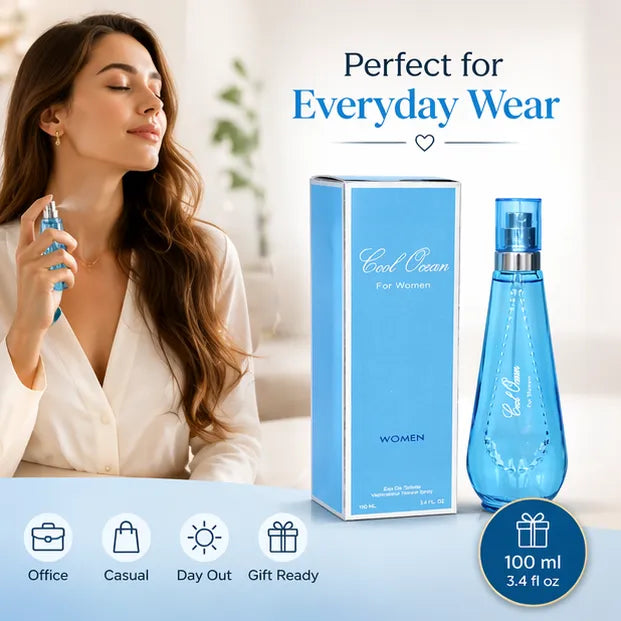Cool Ocean Eau de Toilette for Women 100ml (3.4 oz) – Fresh Aquatic Floral Perfume – Long Lasting Clean Ocean Breeze Fragrance Spray – Everyday Light Summer Scent