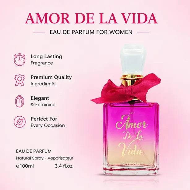 Amor De La Vida Eau de Parfum for Women 100ml (3.4 oz) – Sweet Fruity Floral Perfume – Long Lasting Romantic Feminine Fragrance Spray – Elegant Everyday &amp; Date Night Scent
