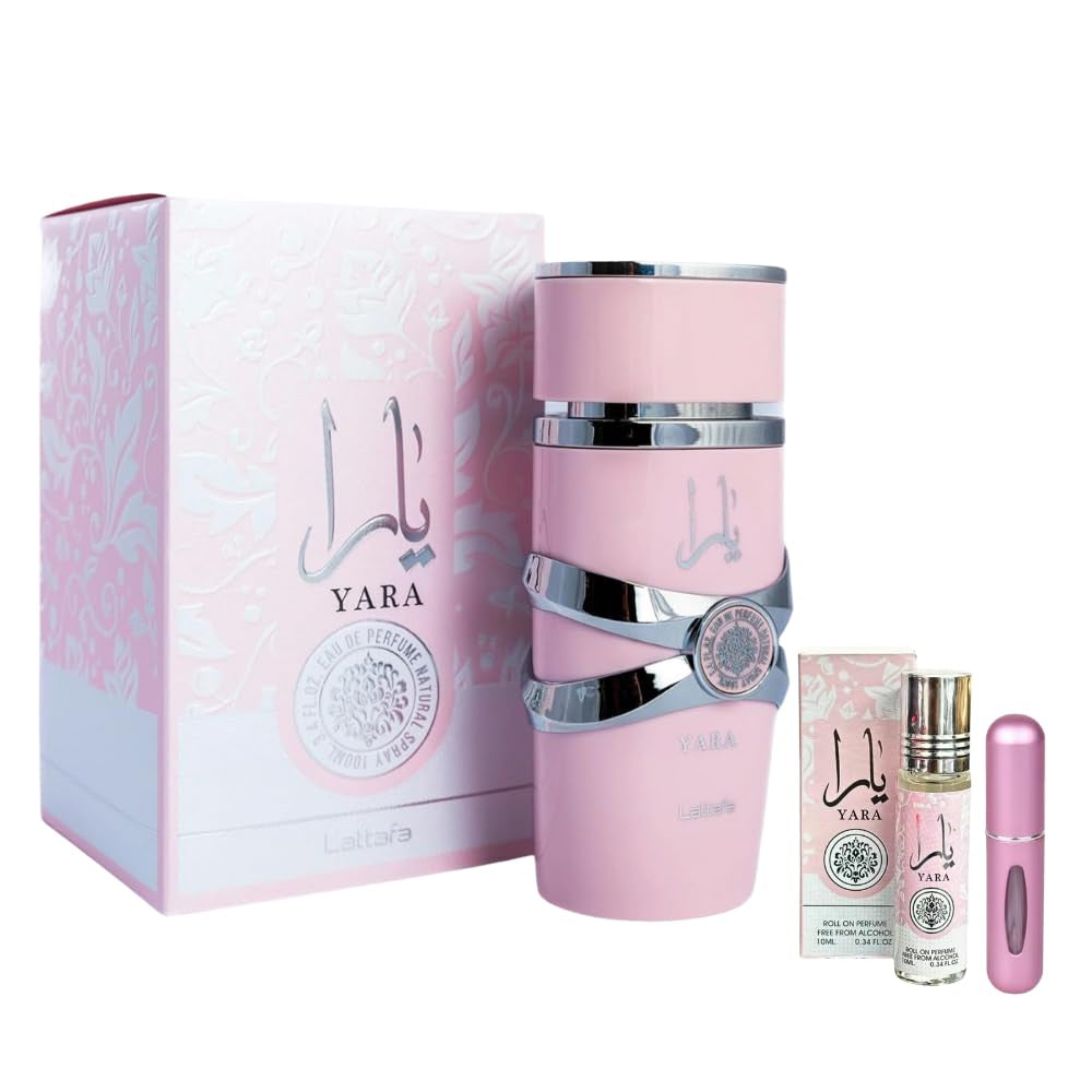 Lattafa Yara EDP 3.4 Fl Oz & Yara Perfume Oil 0.34 Fl Oz Bundle with 5Ml Portable Refillable Atomizer | Luxury Arabian Fragrance for Women