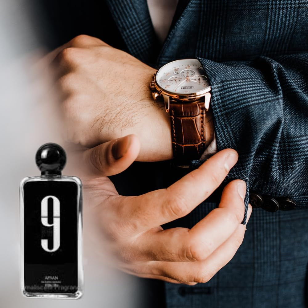 Bundle of  9 PM for Men 100Ml Eau De Parfum with 5Ml Portable Refillable Atomizer and Refillable Car Freshener in a Satin Gift Bag