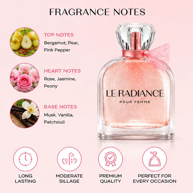 Le Radiance Perfume for Women Eau de Parfum 100ml (3.4 Fl Oz) – Long Lasting Sweet Floral Fruity Fragrance – Elegant Feminine Everyday Scent – Gift Perfume for Her