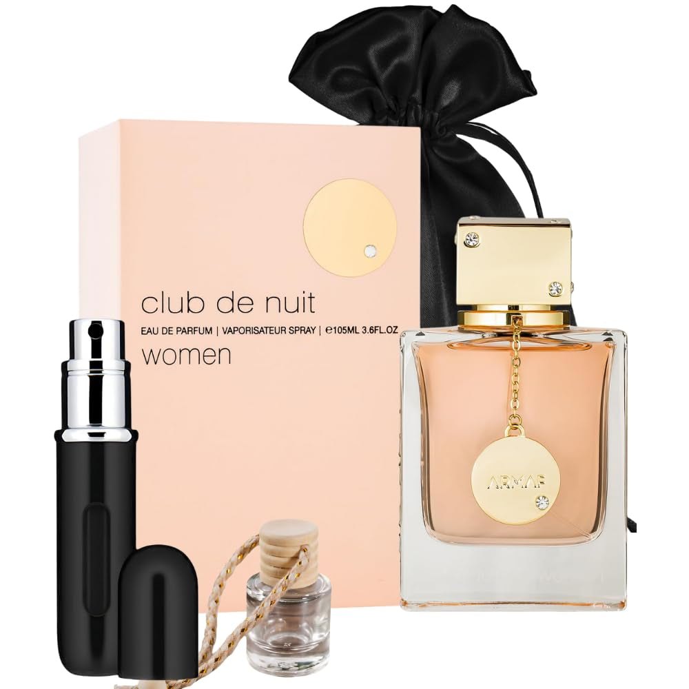 Bundle of  Club De Nuit Eau De Parfum Spray for Women 3.6Oz with 5Ml Portable Refillable Atomizer and Refillable Car Freshener in a Satin Gift Bag